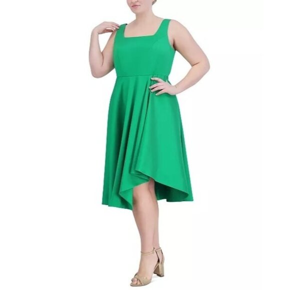 208$ Eliza J Square Neck Asymmetrical Hem Fit & Flare Dress Plus Size 14W Green
